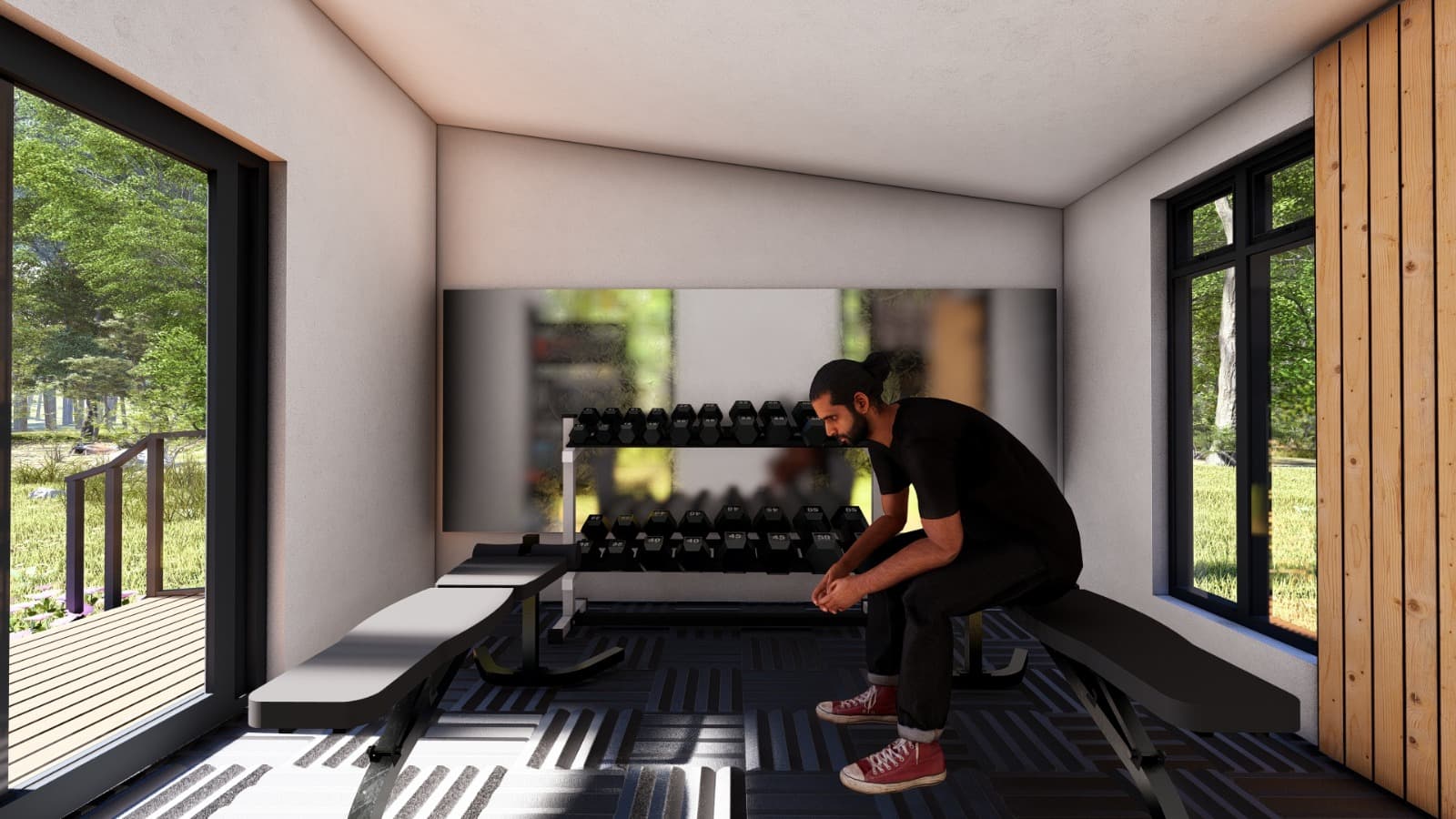 Two people training in an outdoor gym lodge