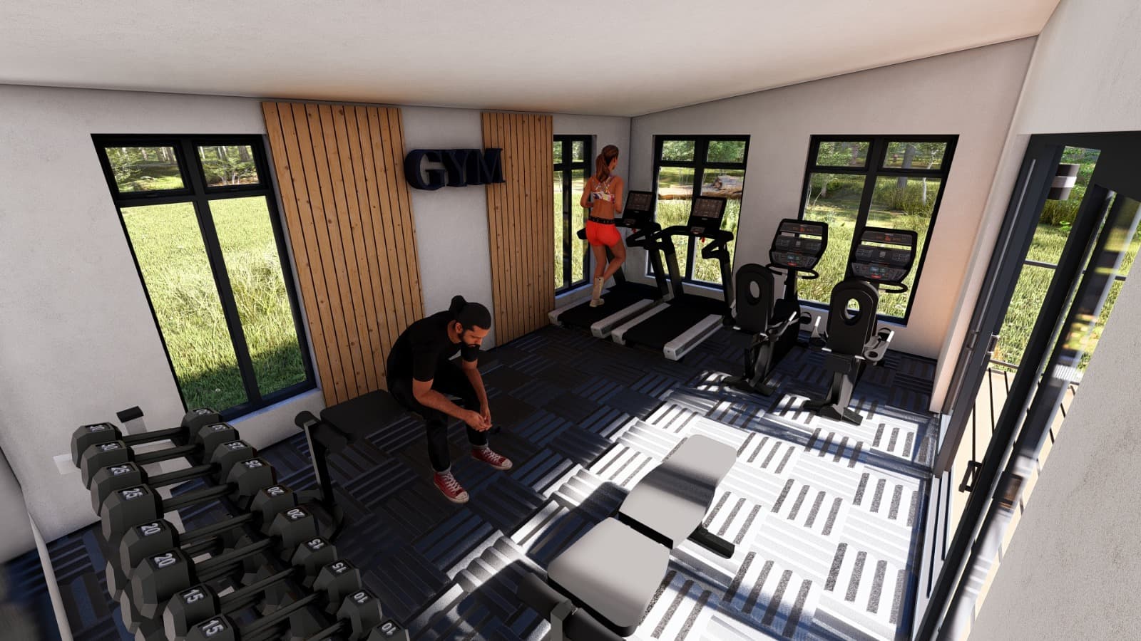 Two people training in an outdoor gym lodge
