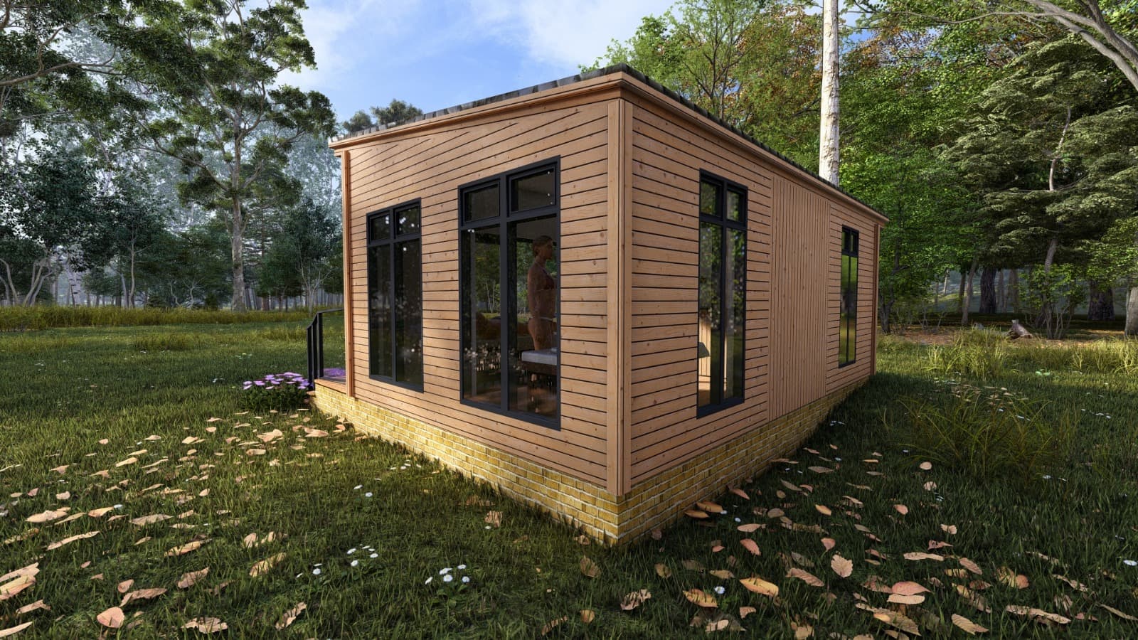 Two people in an outdoor sauna lodge