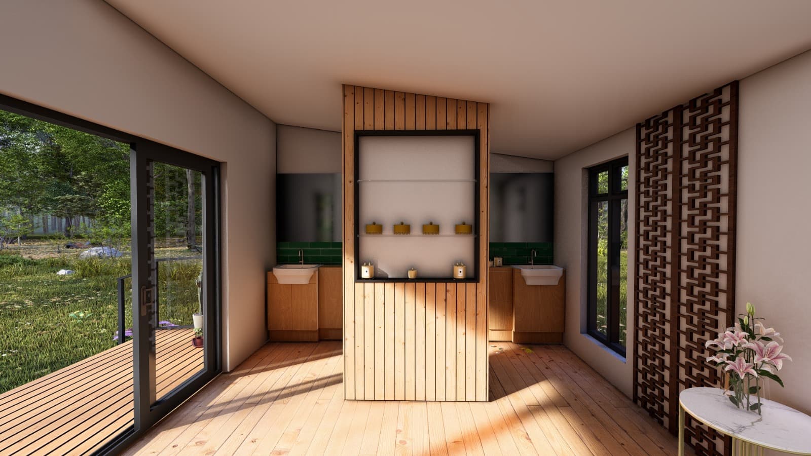 Two people in an outdoor sauna lodge