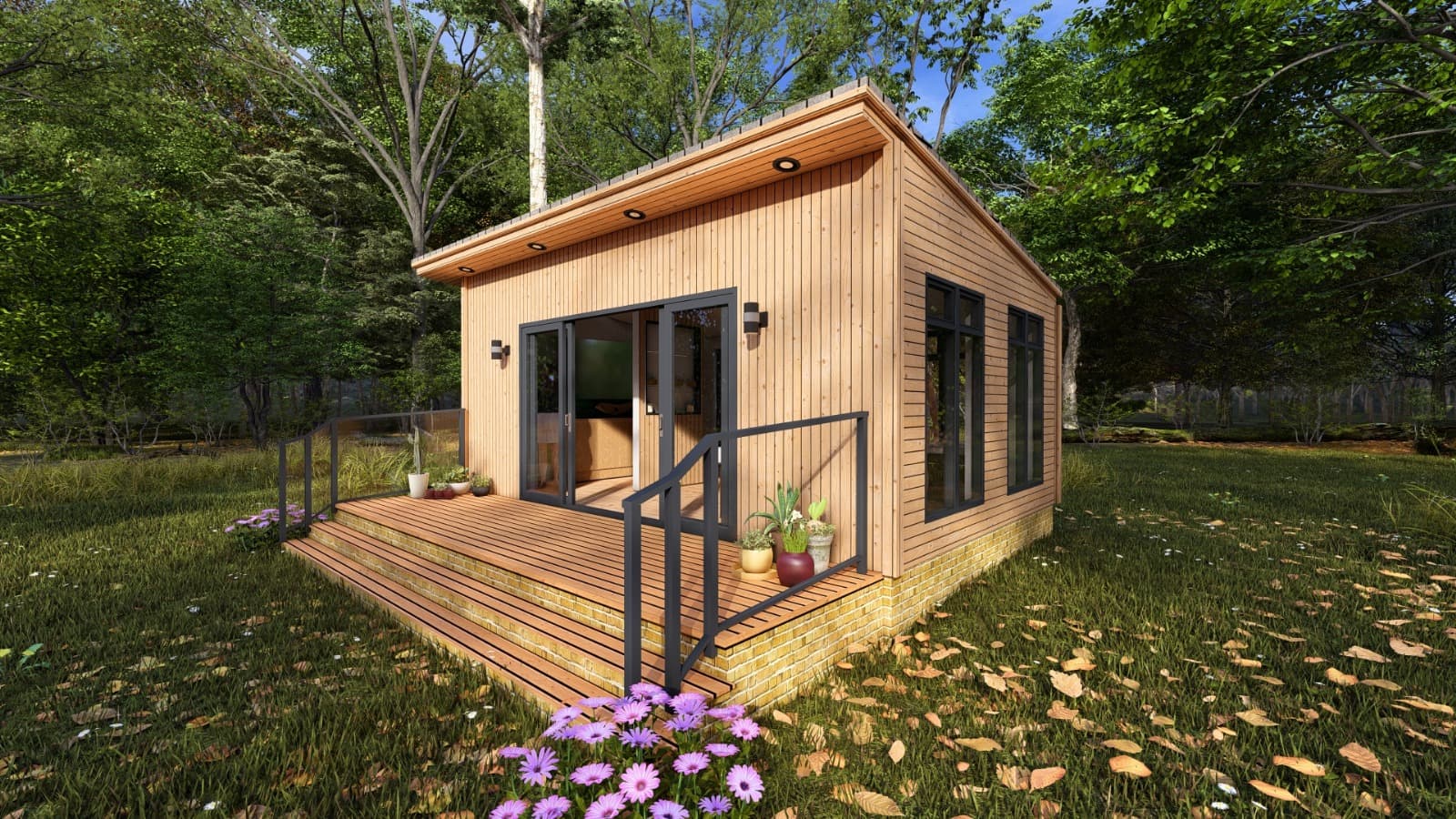 Two people in an outdoor sauna lodge