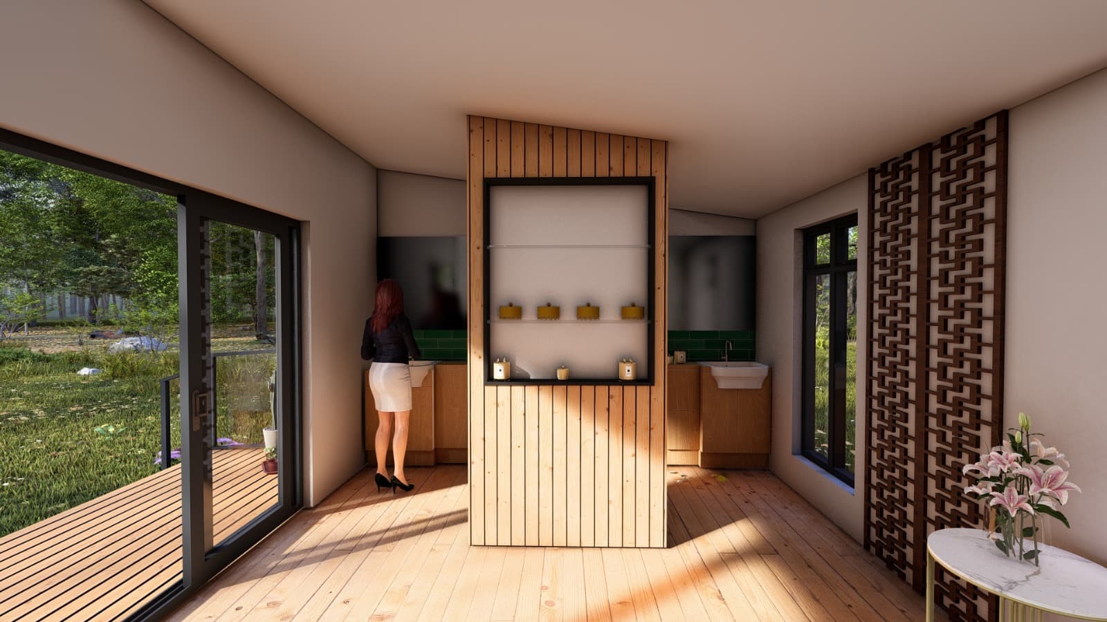 Two people in an outdoor sauna lodge