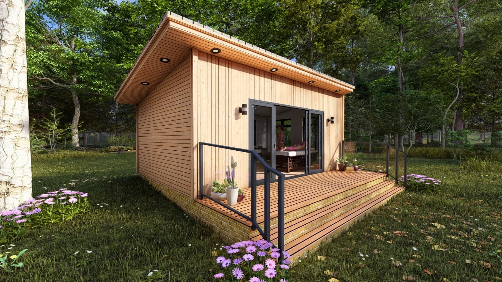 Two people in an outdoor sauna lodge