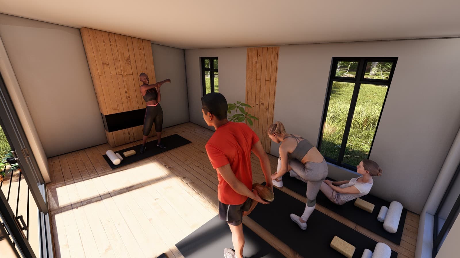 Three people stretching in a yoga studio
